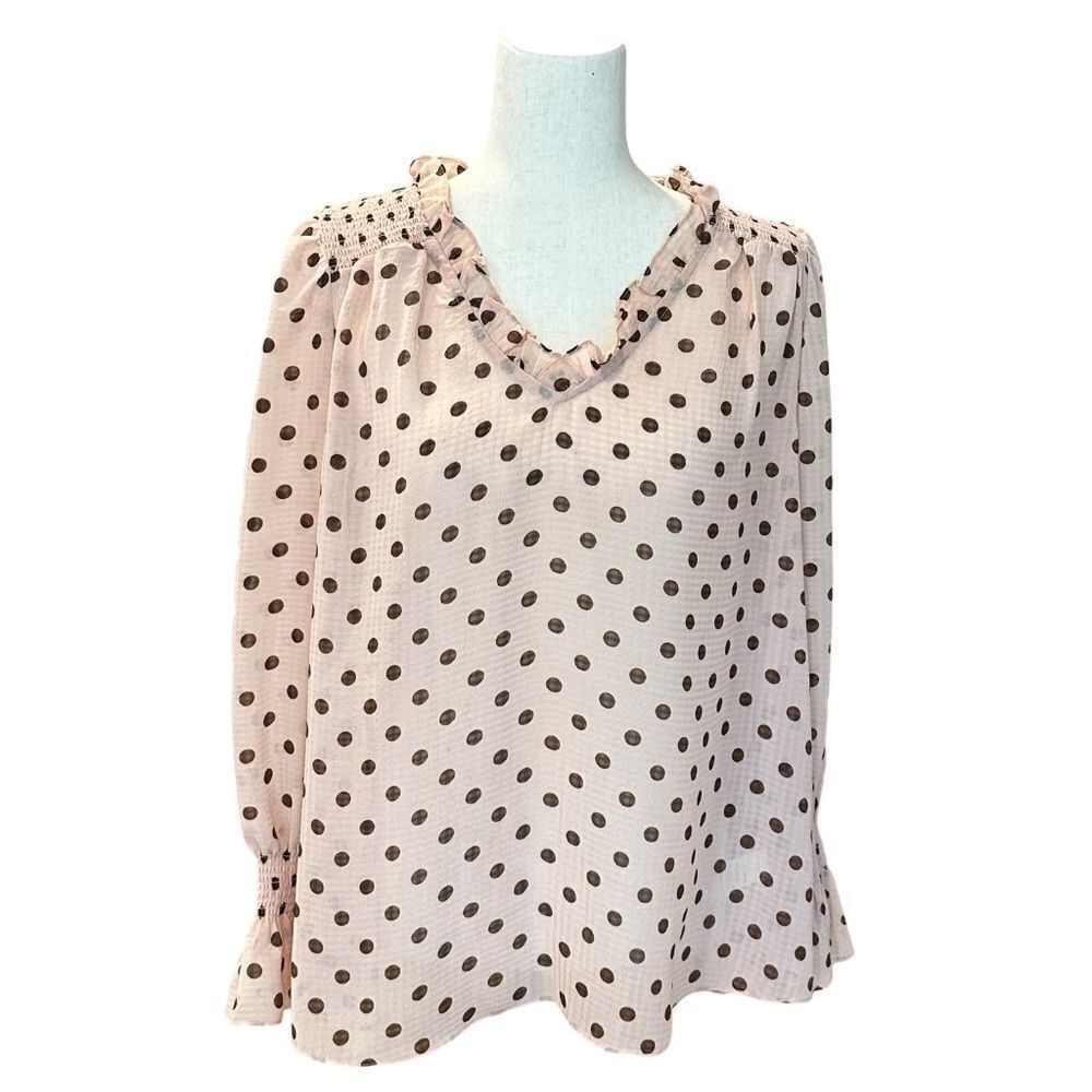 Moon River Long Sleeve Sheer Blouse Ruffle Neckline Pink/Brown Polka Dot Large